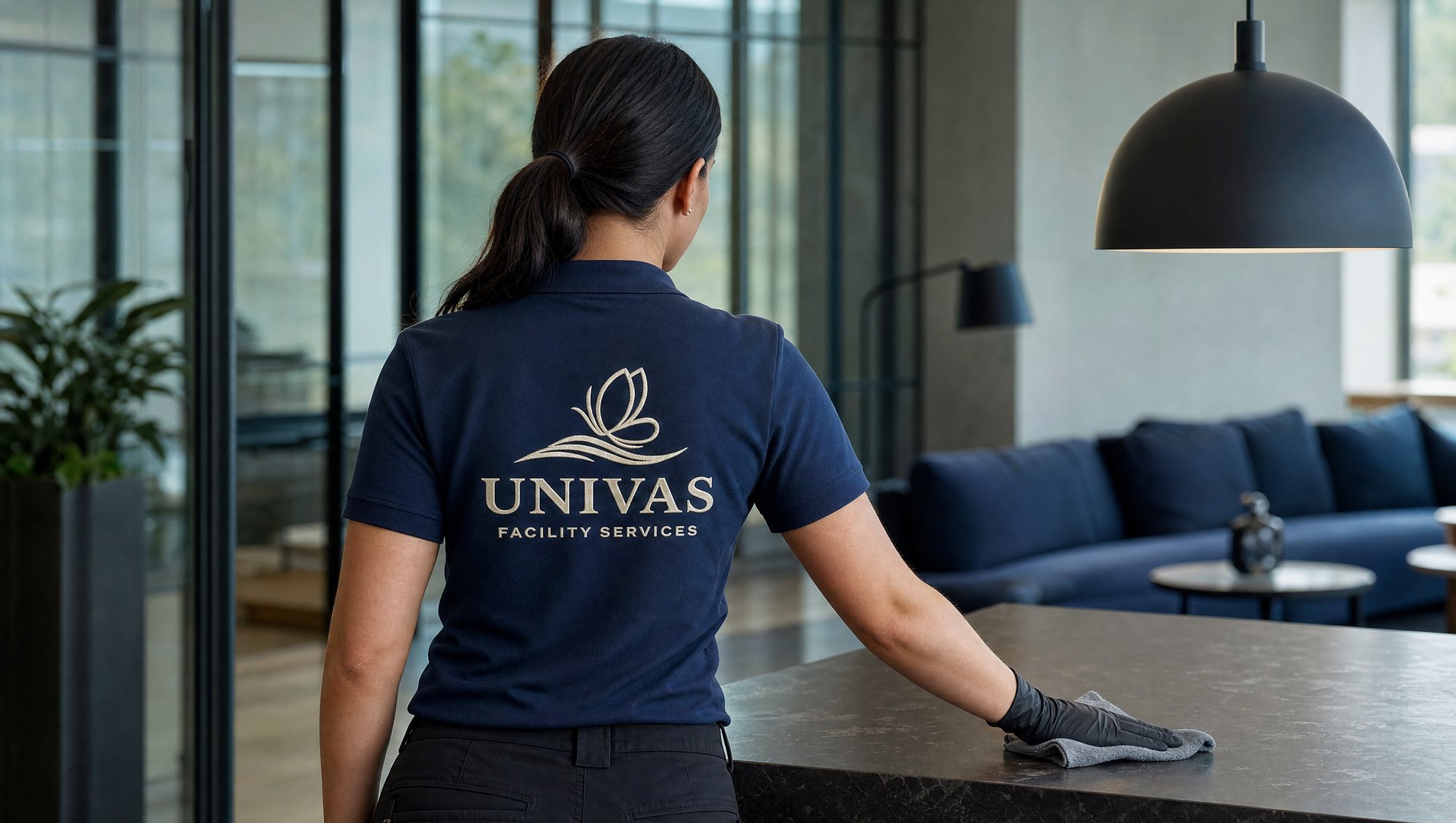 UNIVAS-medarbejder rengør et moderne kontormiljø
