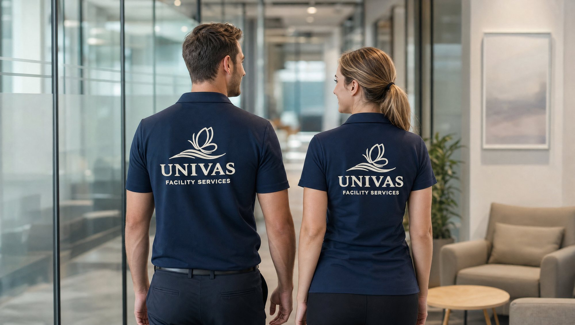 To UNIVAS-medarbejdere på vej gennem kontorbygning