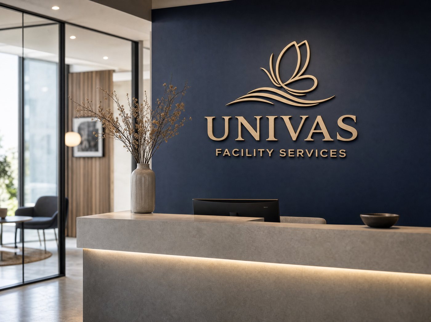 UNIVAS-logo på receptionsvæg